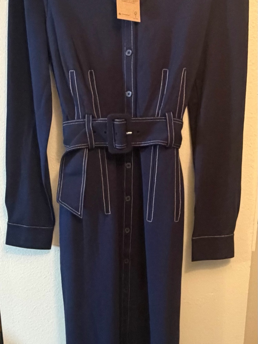 Boden Navy Long-Sleeve Belted Shirt Dress with White Contrast Stitching